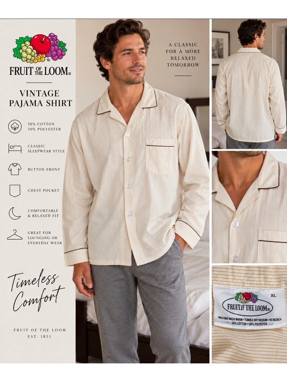 Vintage Fruit of the Loom Men’s XL Pajama Shirt Pinstripe Button Front Sleepwear